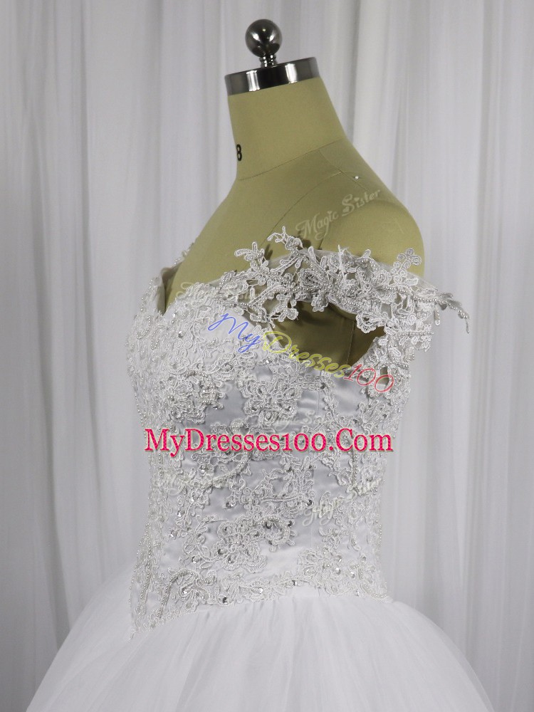 White Wedding Gown Wedding Party with Beading and Lace Off The Shoulder Sleeveless Lace Up