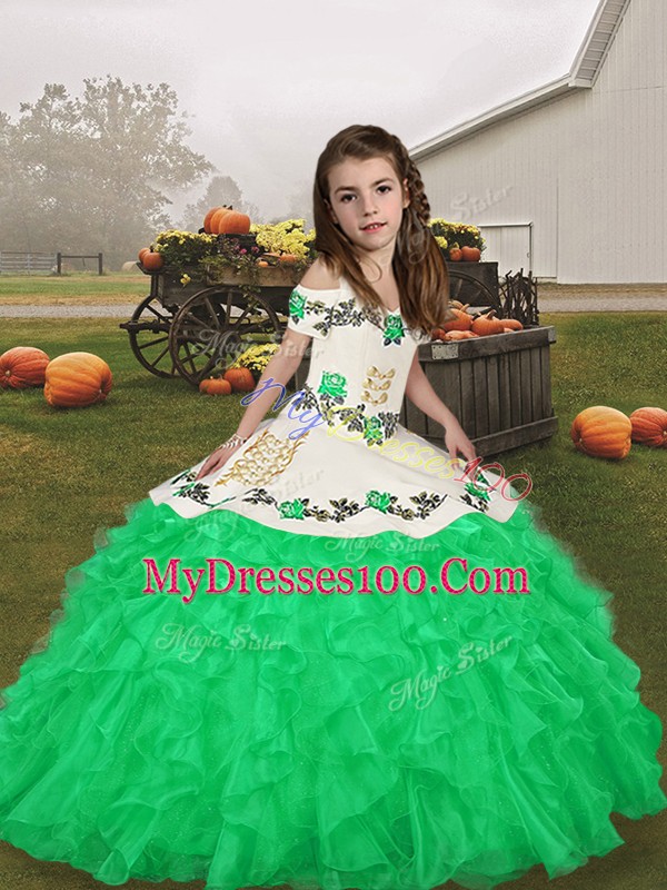 Green Sleeveless Embroidery and Ruffles Floor Length Little Girls Pageant Dress