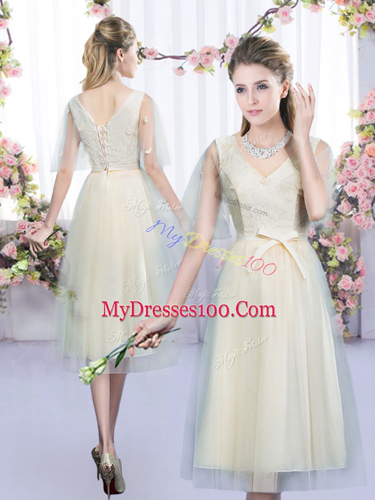 Nice Champagne Sleeveless Tea Length Lace and Bowknot Lace Up Wedding Party Dress