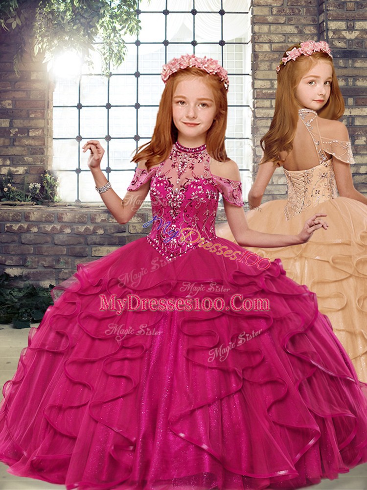 Hot Sale Fuchsia Tulle Lace Up Sleeveless Floor Length Kids Pageant Dress Beading and Ruffles