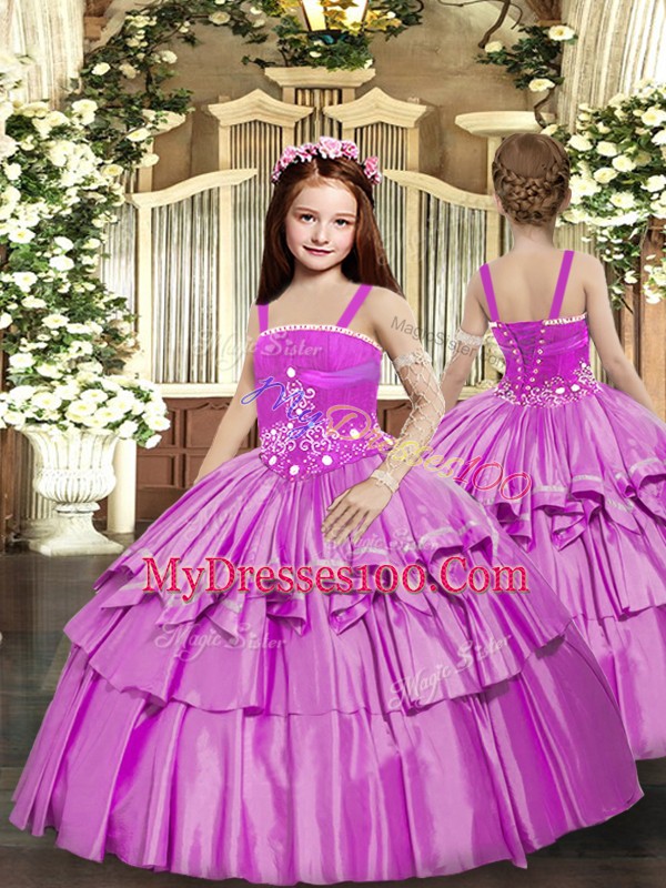 Top Selling Floor Length Lilac Kids Formal Wear Straps Sleeveless Lace Up