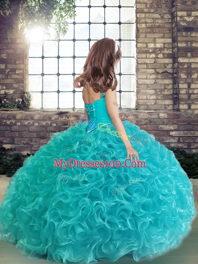 Sleeveless Floor Length Beading and Ruching Lace Up Little Girl Pageant Gowns with Aqua Blue