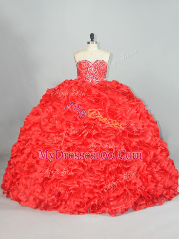 Beading and Ruffles Quince Ball Gowns Red Lace Up Sleeveless Brush Train