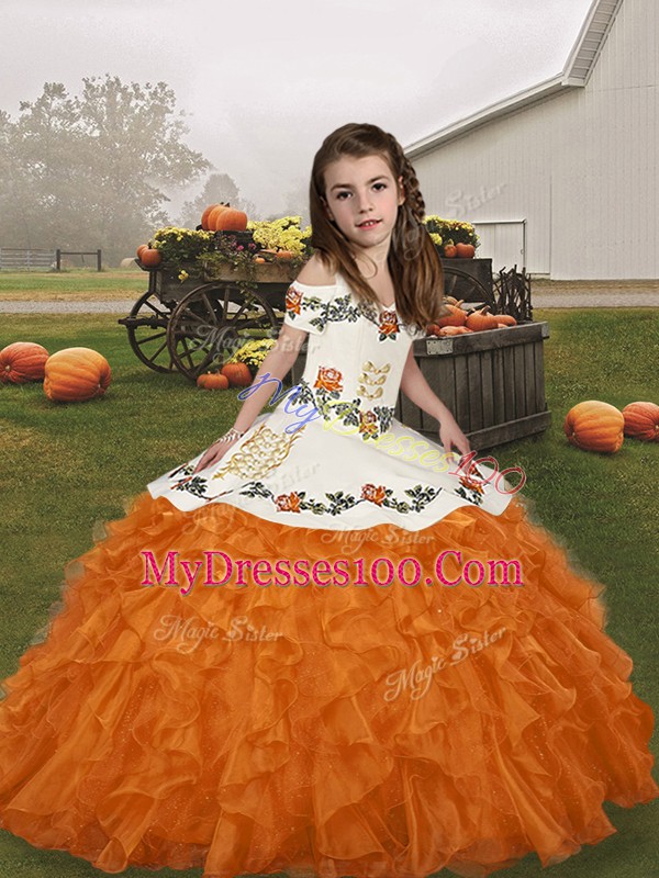 Straps Sleeveless Lace Up Girls Pageant Dresses Orange Organza