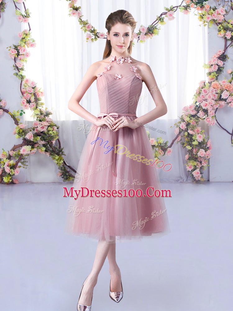 Appliques and Belt Bridesmaid Dresses Pink Lace Up Sleeveless Tea Length