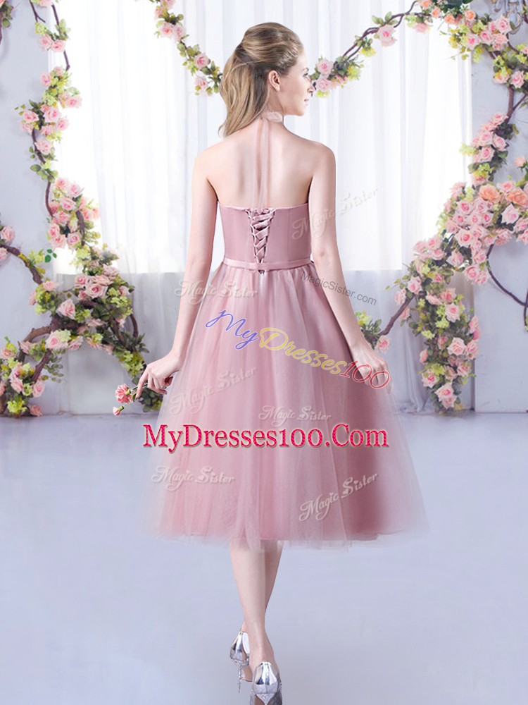 Appliques and Belt Bridesmaid Dresses Pink Lace Up Sleeveless Tea Length