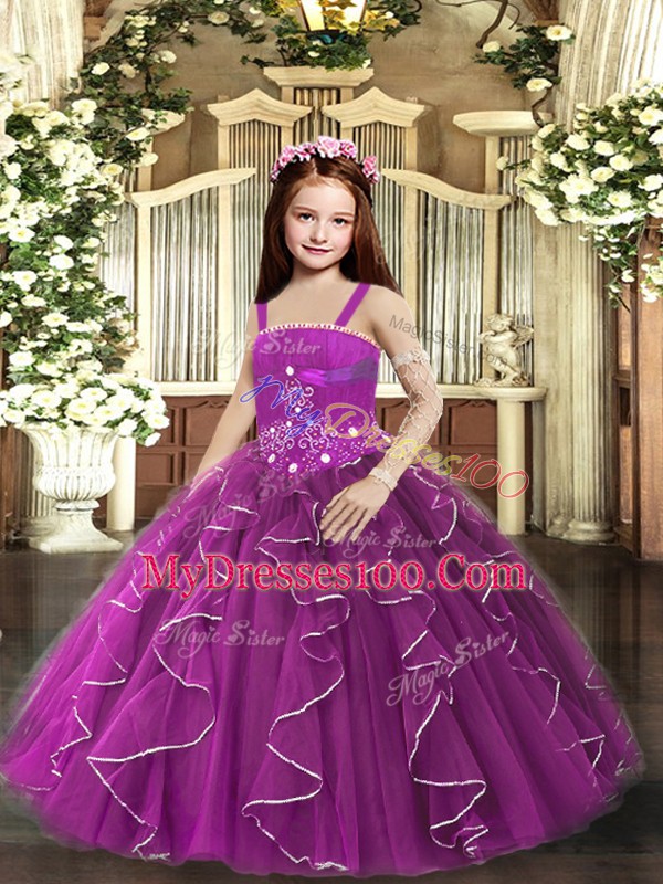 Straps Sleeveless Little Girl Pageant Gowns Floor Length Ruffles Purple Tulle