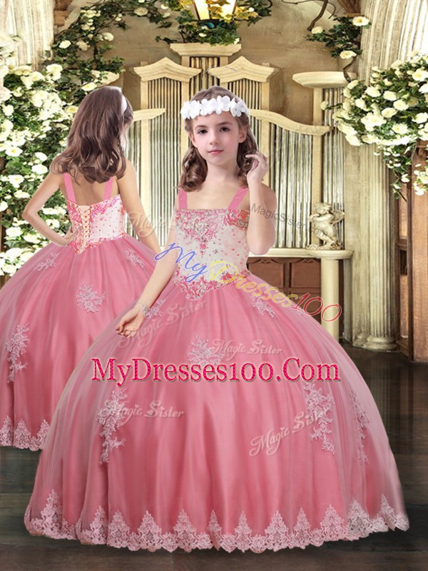 Watermelon Red Lace Up Kids Pageant Dress Appliques Sleeveless Floor Length