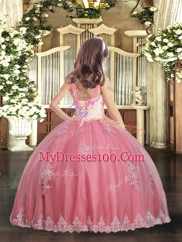 Watermelon Red Lace Up Kids Pageant Dress Appliques Sleeveless Floor Length