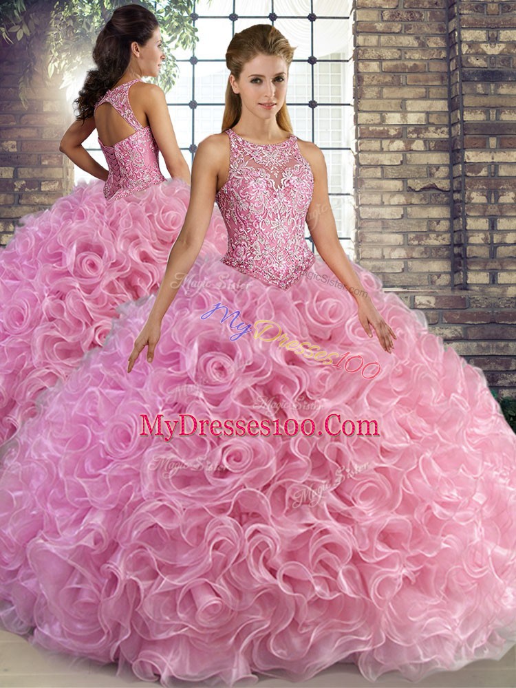 Custom Fit Fabric With Rolling Flowers Sleeveless Floor Length Quinceanera Gown and Beading