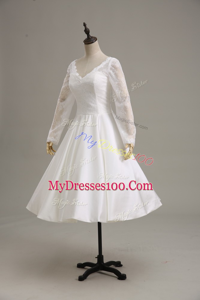 White Satin Clasp Handle V-neck Long Sleeves Tea Length Wedding Dress Lace and Sashes ribbons