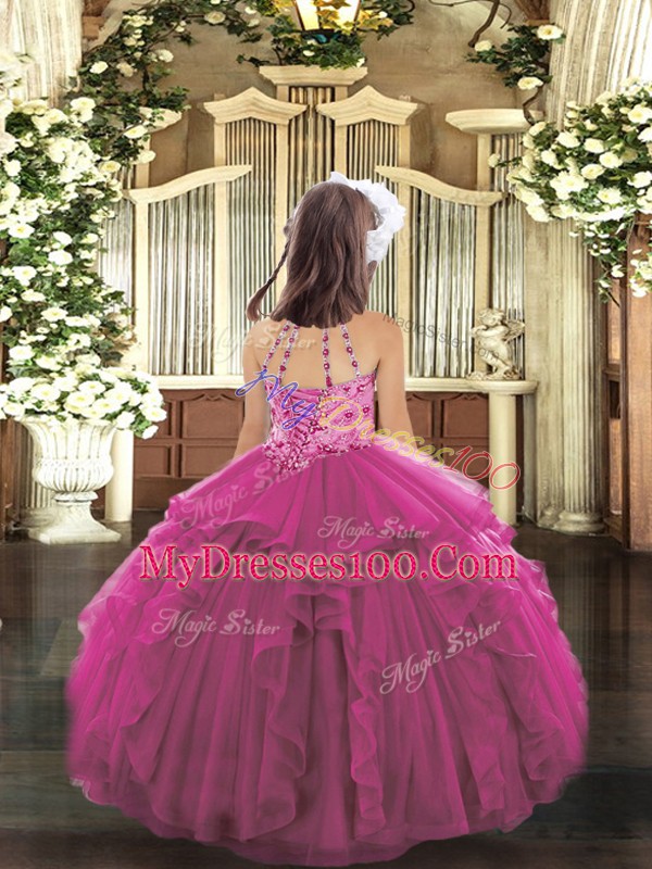 Hot Pink Sleeveless Floor Length Beading and Ruffles Lace Up Little Girls Pageant Dress