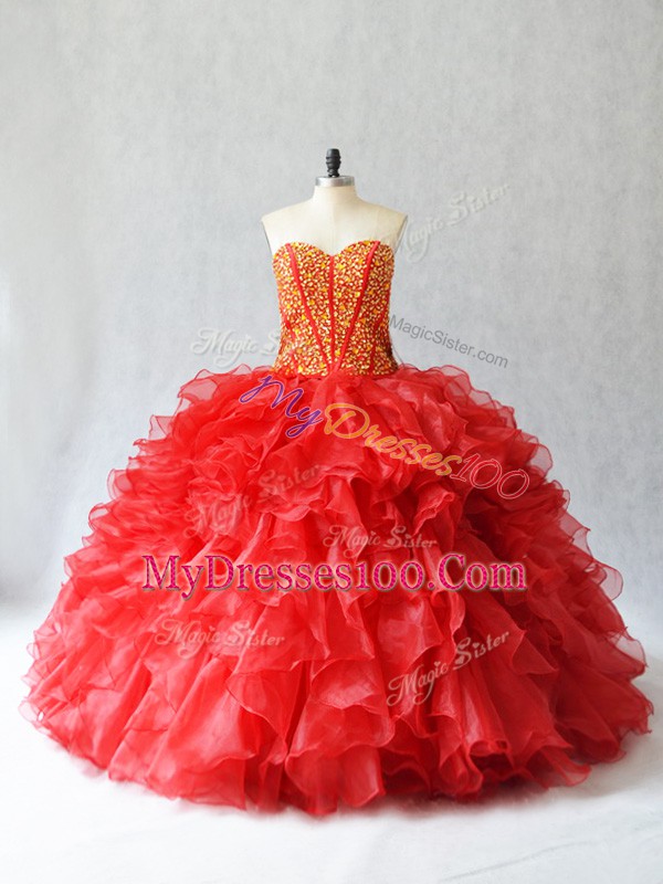 Red Sweetheart Lace Up Beading and Ruffles Quinceanera Dress Sleeveless