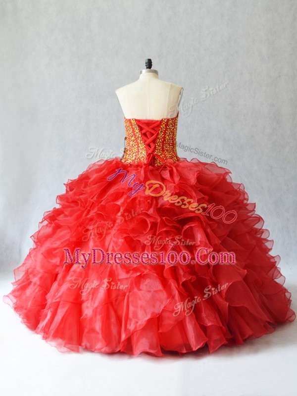 Red Sweetheart Lace Up Beading and Ruffles Quinceanera Dress Sleeveless