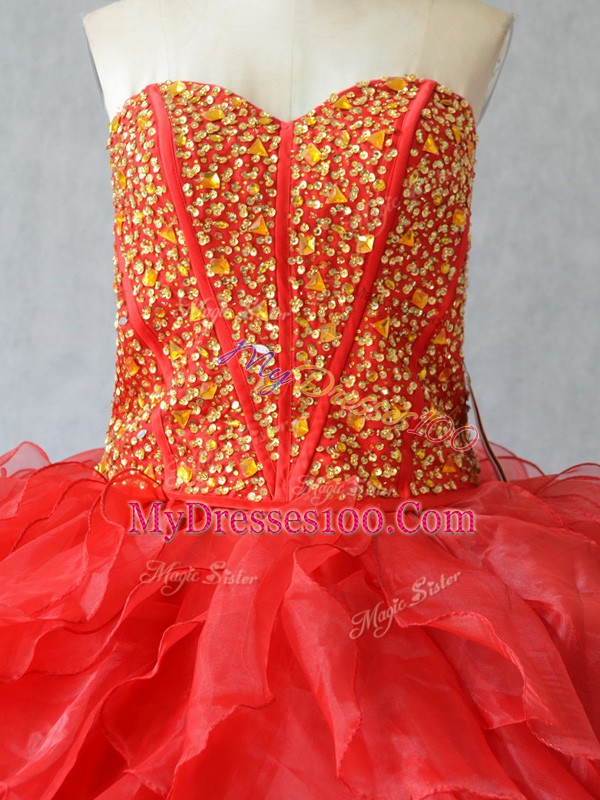 Red Sweetheart Lace Up Beading and Ruffles Quinceanera Dress Sleeveless