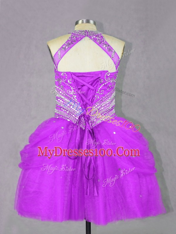 Flare Fuchsia Lace Up Dress for Prom Beading Sleeveless Mini Length