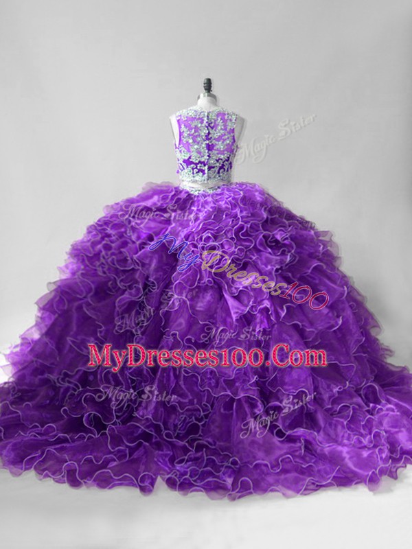 Delicate Zipper Quinceanera Dresses Purple for Sweet 16 and Quinceanera with Beading and Ruffles Brush Train