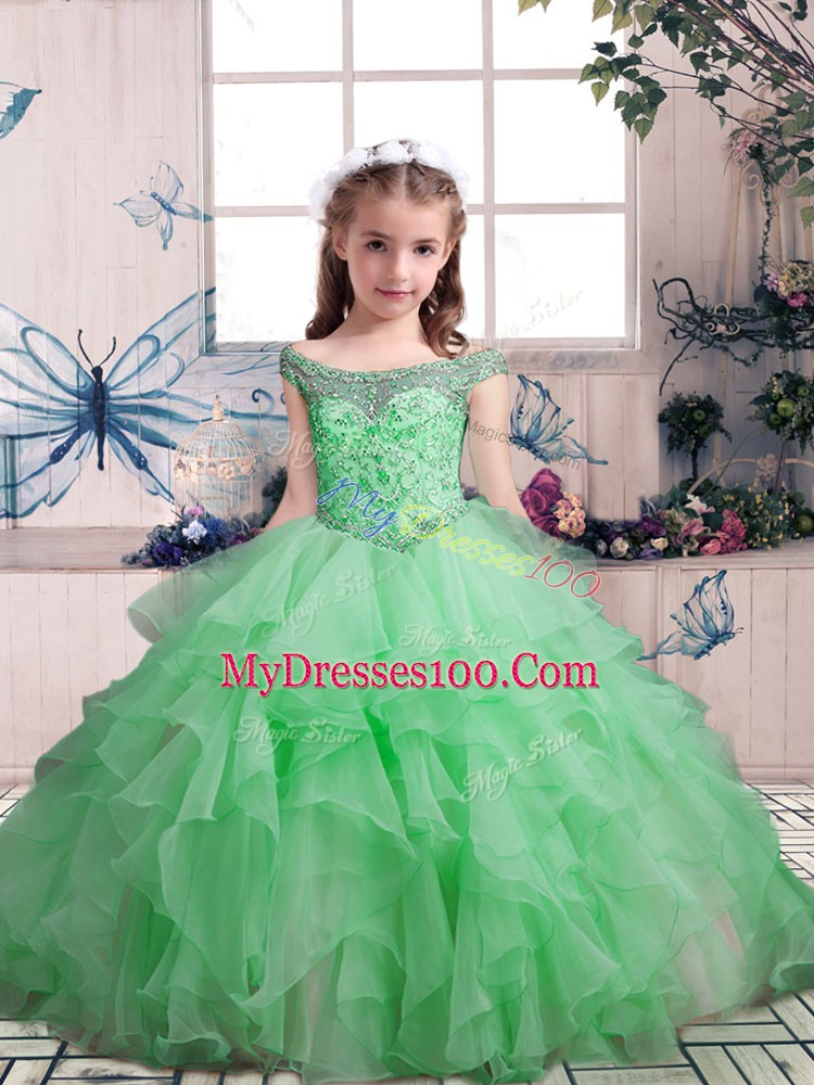 Exquisite Beading and Ruffles Little Girls Pageant Dress Wholesale Lace Up Sleeveless Floor Length