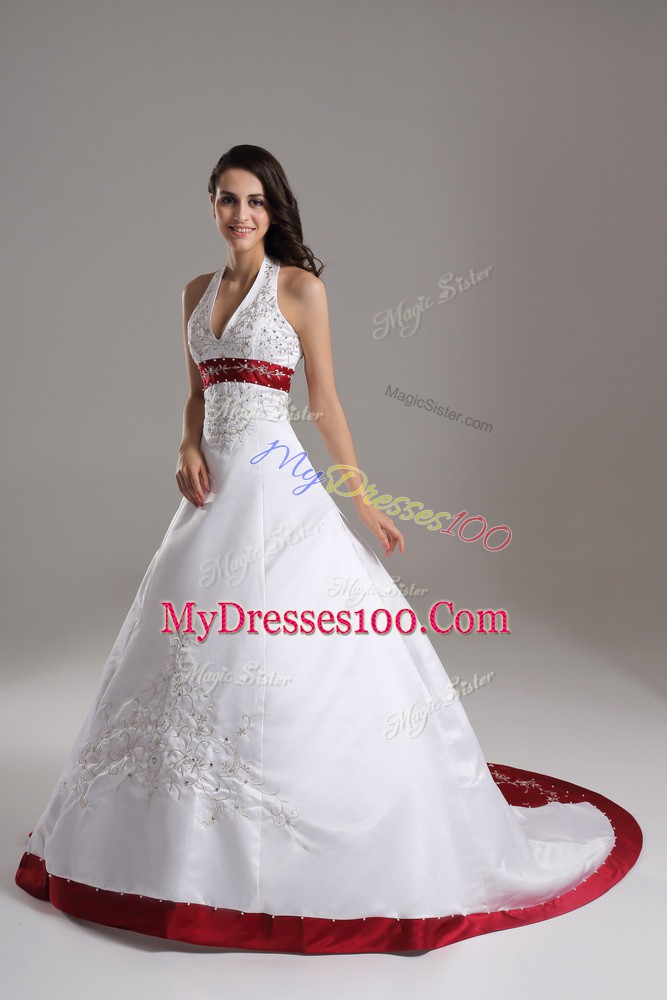 White Wedding Dresses Wedding Party with Beading and Embroidery Halter Top Sleeveless Brush Train Lace Up