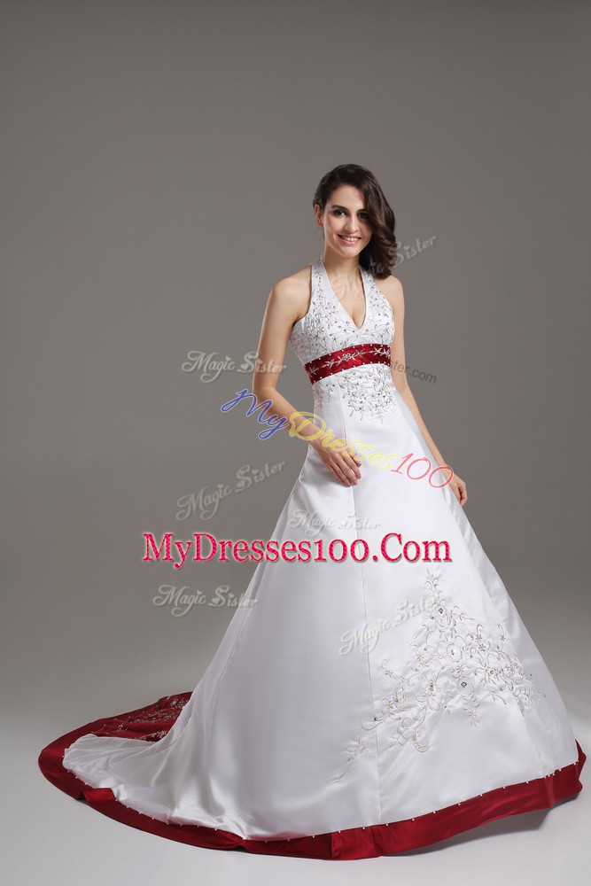 White Wedding Dresses Wedding Party with Beading and Embroidery Halter Top Sleeveless Brush Train Lace Up