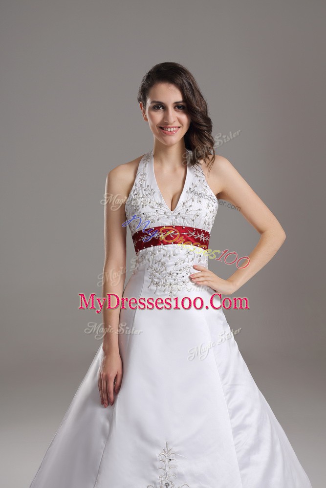 White Wedding Dresses Wedding Party with Beading and Embroidery Halter Top Sleeveless Brush Train Lace Up