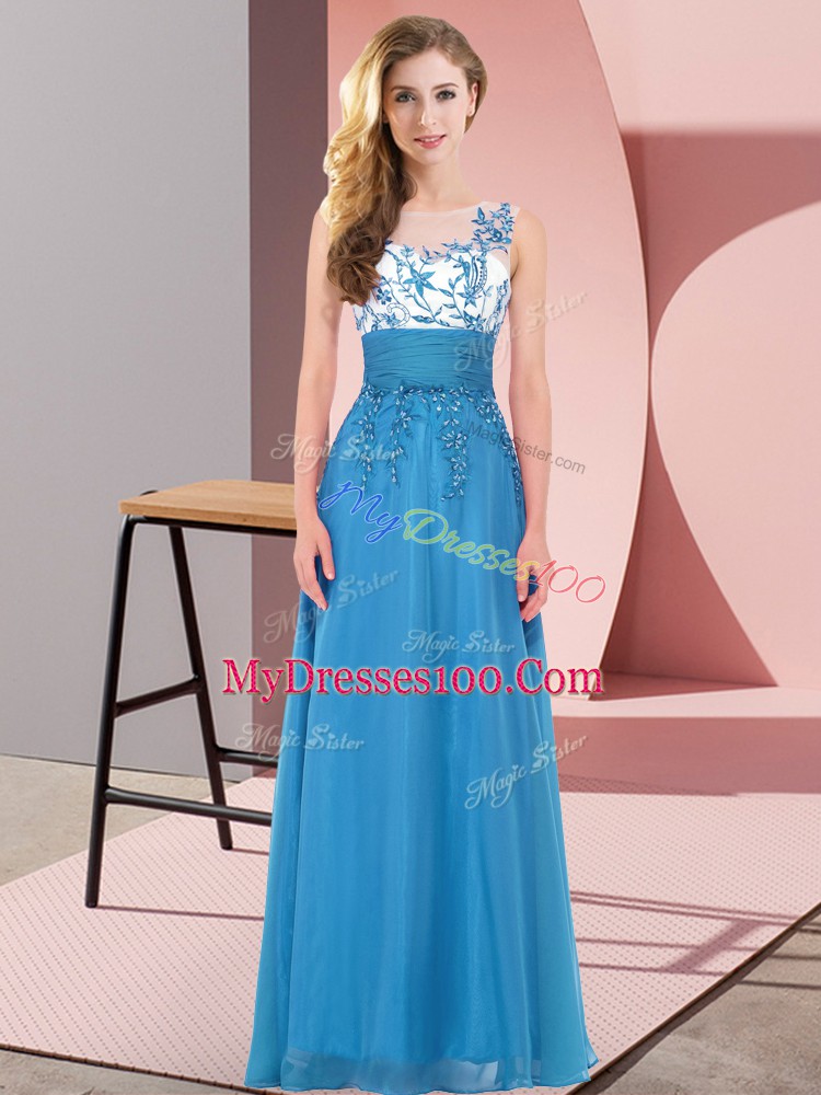 Fashion Chiffon Scoop Sleeveless Backless Appliques Quinceanera Court of Honor Dress in Blue