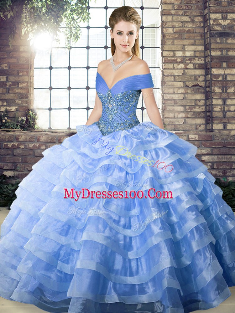 Luxury Blue 15th Birthday Dress Military Ball and Sweet 16 and Quinceanera with Beading and Ruffled Layers Off The Shoulder Sleeveless Brush Train Lace Up