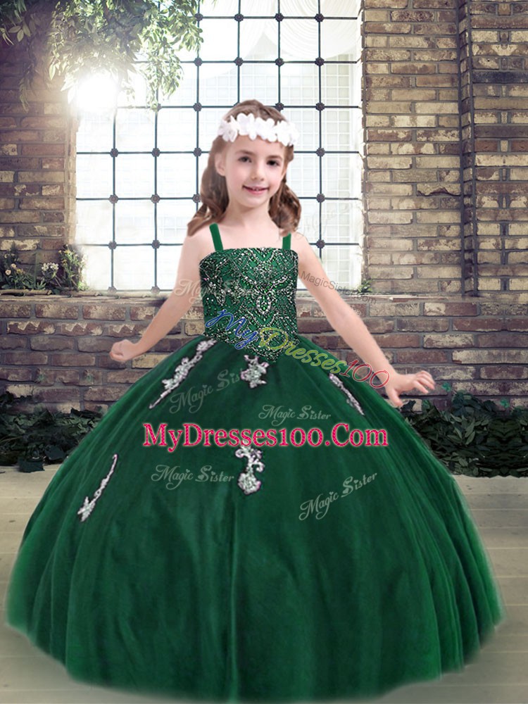 Floor Length Dark Green Pageant Gowns For Girls Straps Sleeveless Lace Up