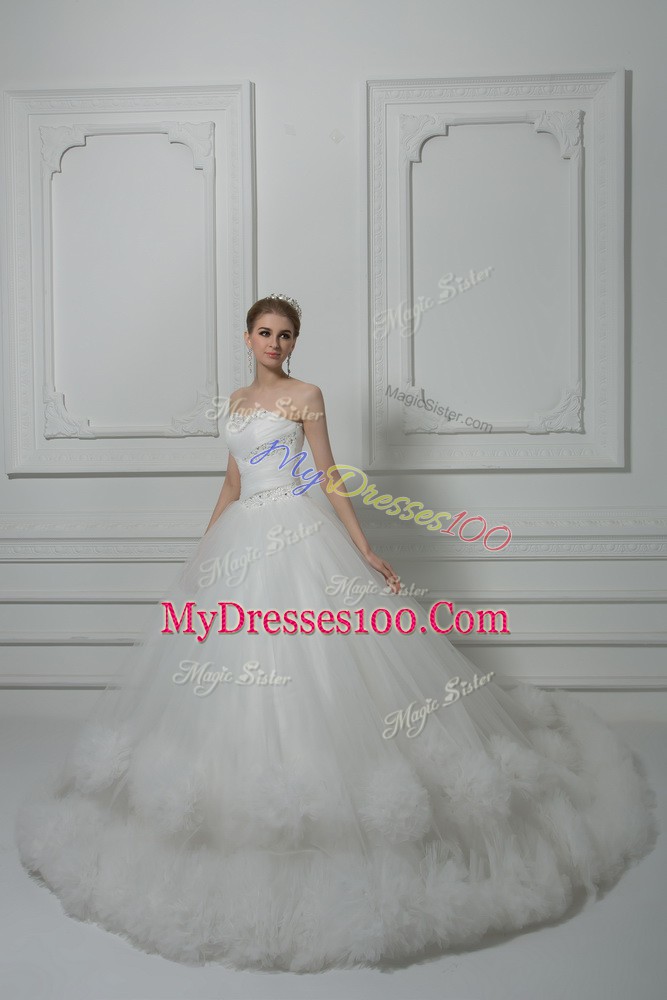 Custom Fit White Sleeveless Tulle Court Train Lace Up Wedding Gowns for Wedding Party