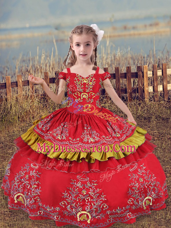 Fancy Beading and Embroidery Little Girls Pageant Gowns Red Lace Up Sleeveless Floor Length