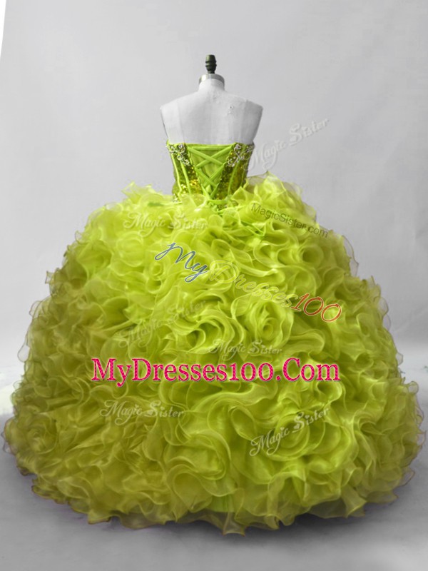 Stylish Yellow Green Ball Gowns Organza Sweetheart Sleeveless Ruffles and Sequins Floor Length Lace Up Quinceanera Dresses