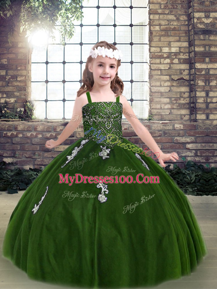 Unique Green Little Girls Pageant Dress Wholesale Party and Wedding Party with Appliques Straps Sleeveless Lace Up