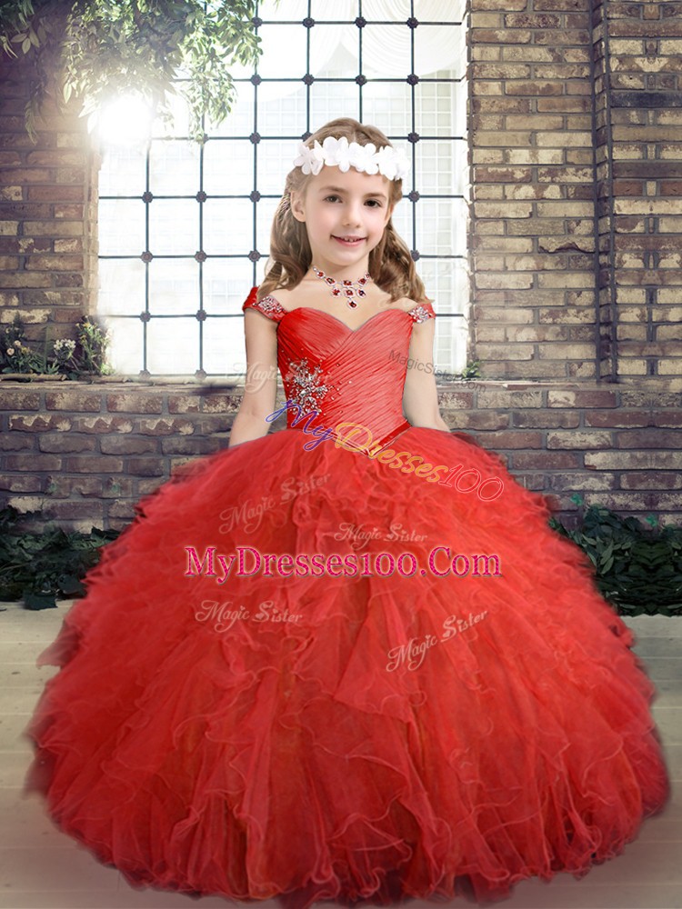 Sleeveless Floor Length Beading and Ruffles Side Zipper Little Girl Pageant Dress with Red