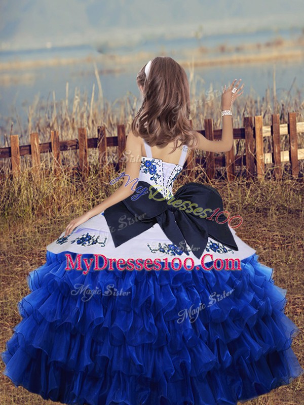 Fuchsia Straps Neckline Embroidery and Ruffles Little Girls Pageant Dress Sleeveless Lace Up