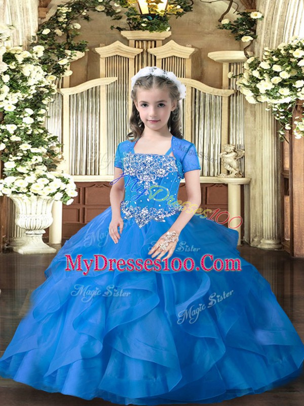 Blue Pageant Gowns For Girls Military Ball and Wedding Party with Beading and Ruffles Straps Sleeveless Lace Up