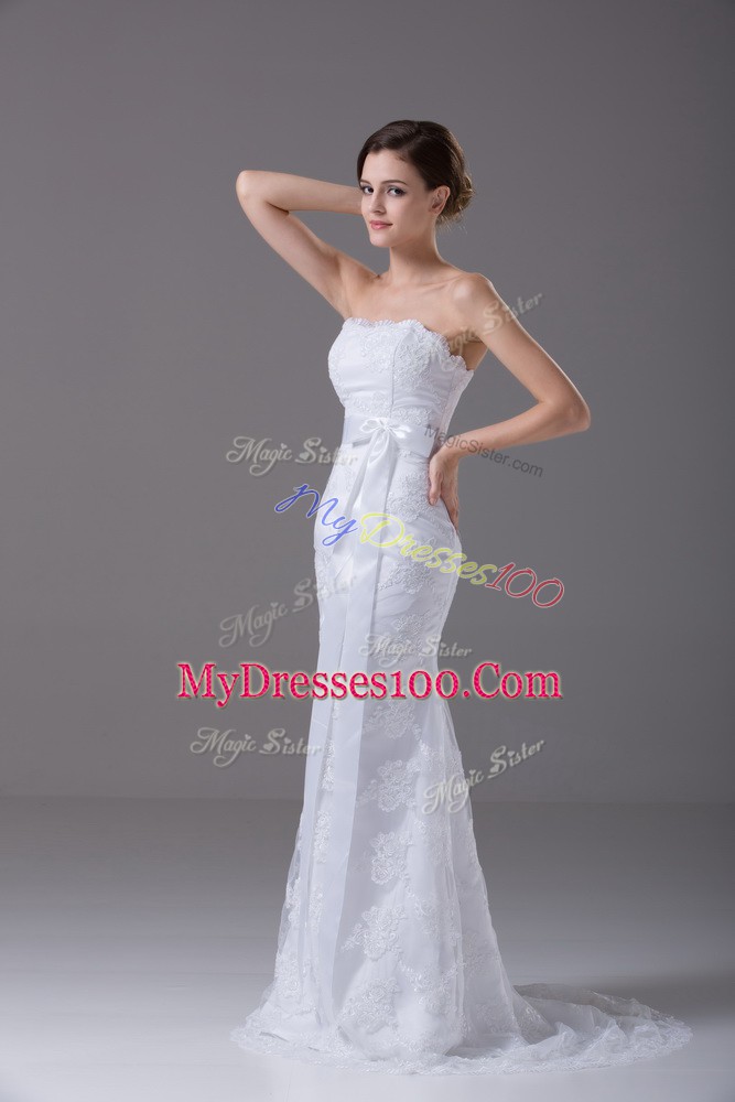 Tulle Sleeveless Wedding Dress Brush Train and Lace and Belt