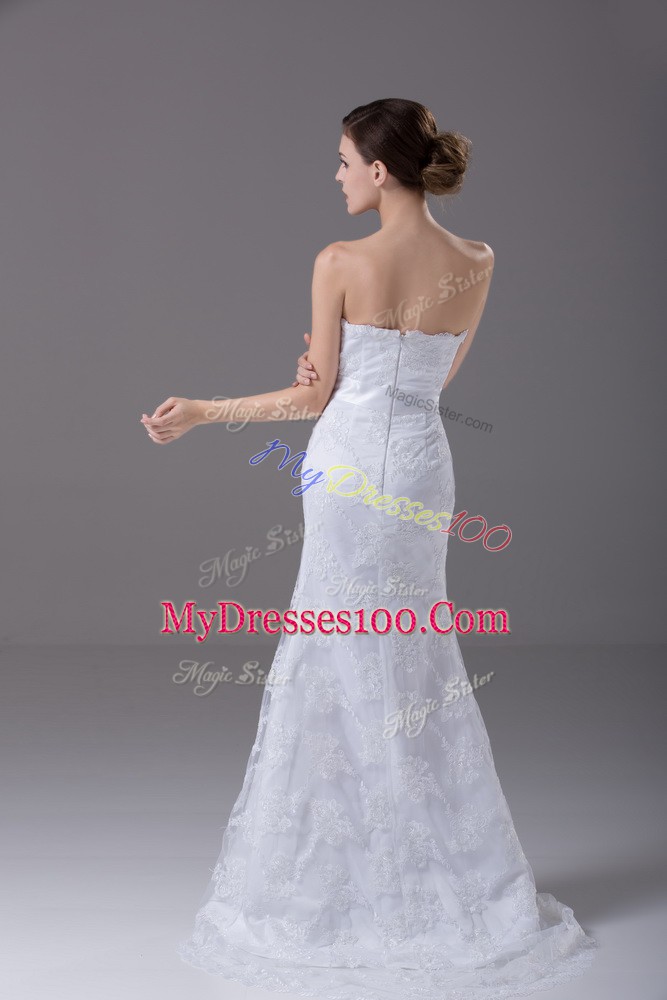 Tulle Sleeveless Wedding Dress Brush Train and Lace and Belt