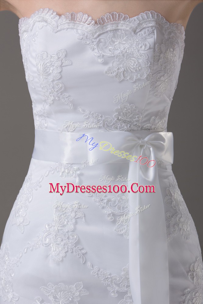 Tulle Sleeveless Wedding Dress Brush Train and Lace and Belt