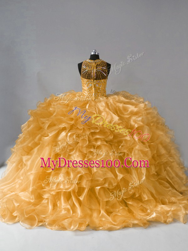 High End Floor Length Gold Quinceanera Dress High-neck Sleeveless Zipper