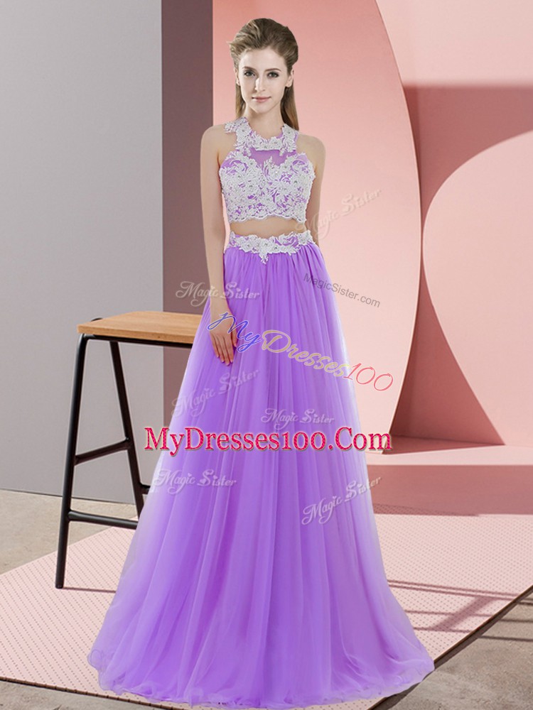 Lavender Sleeveless Lace Floor Length Quinceanera Court of Honor Dress