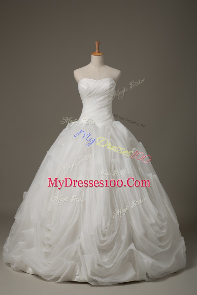 Traditional Fabric With Rolling Flowers Sleeveless Wedding Dresses Brush Train and Ruching