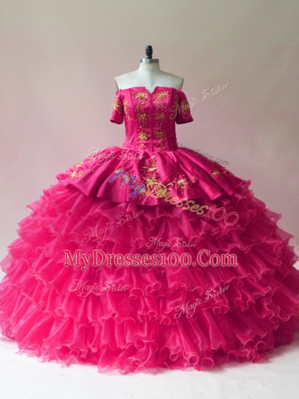 Custom Fit Fuchsia Vestidos de Quinceanera Sweet 16 and Quinceanera with Embroidery and Ruffled Layers Off The Shoulder Sleeveless Lace Up