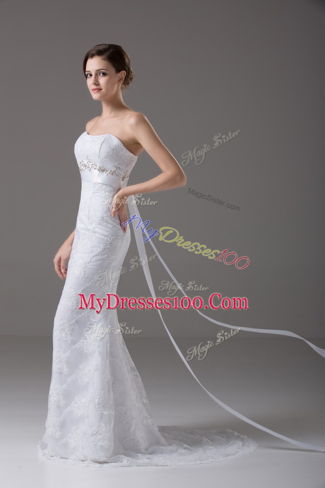 Zipper Wedding Gown White for Wedding Party with Beading and Lace and Belt Brush Train