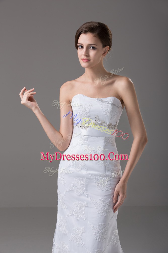 Zipper Wedding Gown White for Wedding Party with Beading and Lace and Belt Brush Train