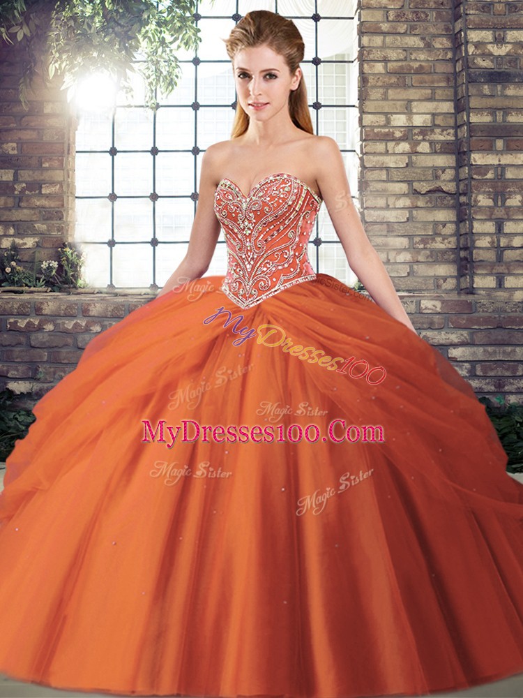 Tulle Sleeveless Sweet 16 Dress Brush Train and Beading and Pick Ups