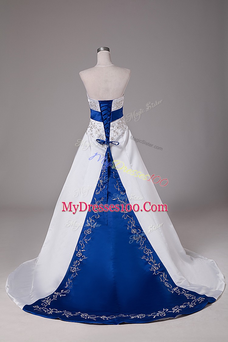 White Strapless Lace Up Beading and Embroidery Wedding Gowns Brush Train Sleeveless