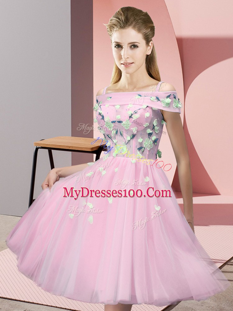 Baby Pink Tulle Lace Up Off The Shoulder Short Sleeves Knee Length Bridesmaid Dress Appliques