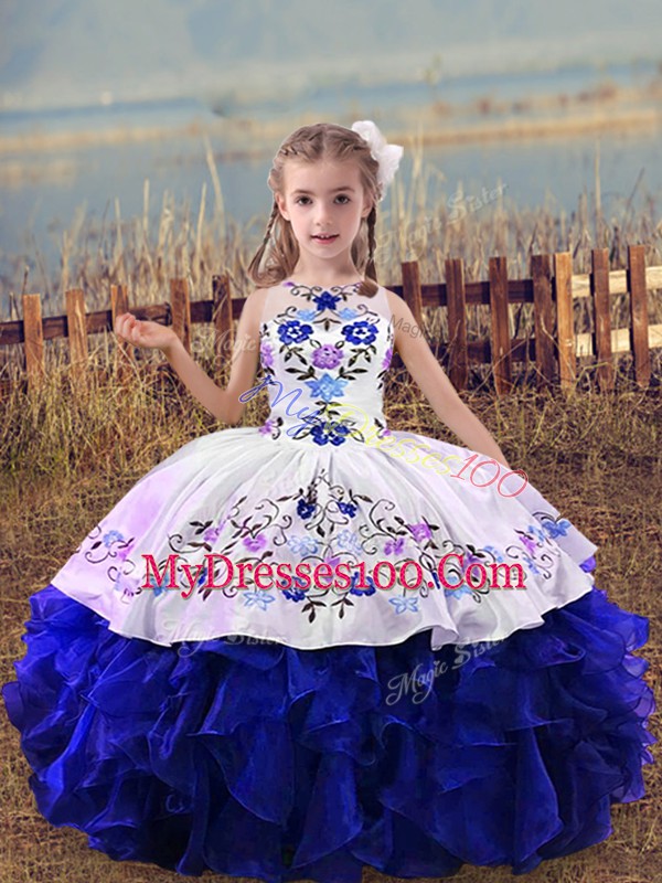 Classical Sleeveless Floor Length Embroidery and Ruffles Lace Up Little Girls Pageant Dress Wholesale with Royal Blue