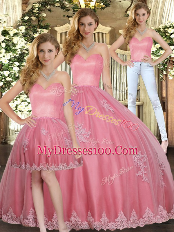 Deluxe Watermelon Red Quinceanera Dresses Military Ball and Sweet 16 and Quinceanera with Appliques Sweetheart Sleeveless Lace Up