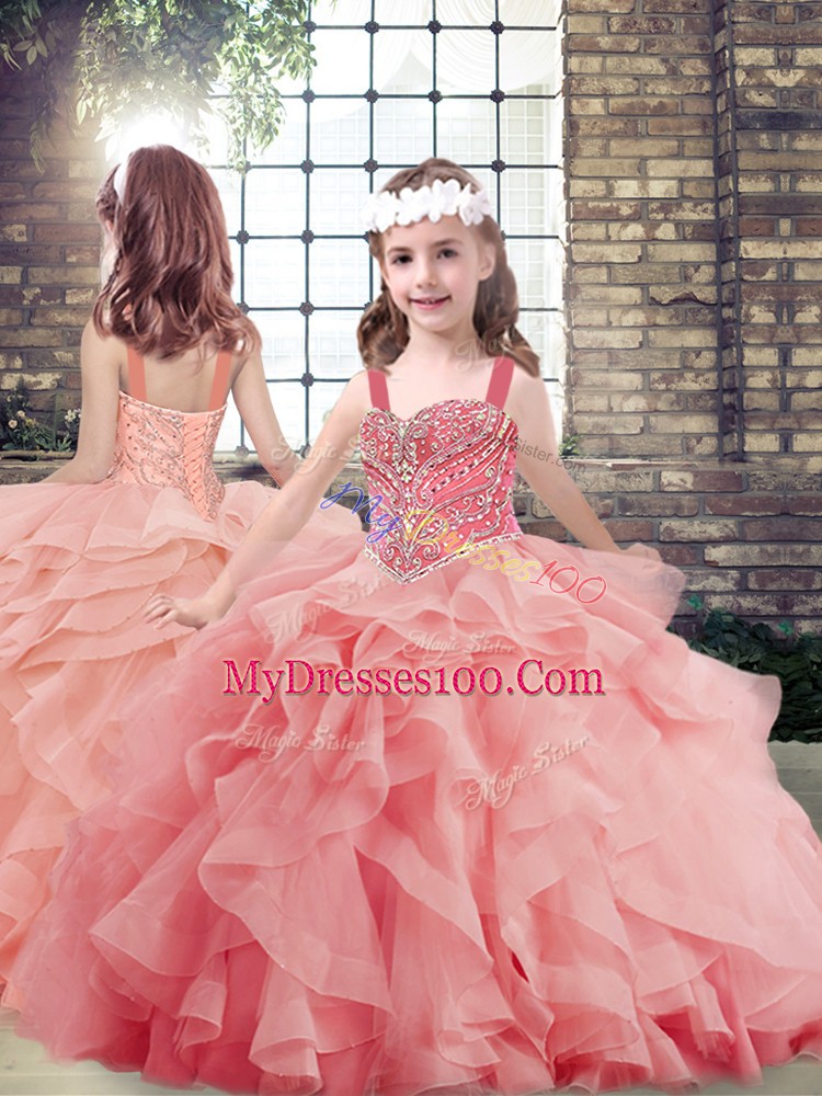 Beauteous Floor Length Watermelon Red Little Girls Pageant Dress Straps Sleeveless Lace Up